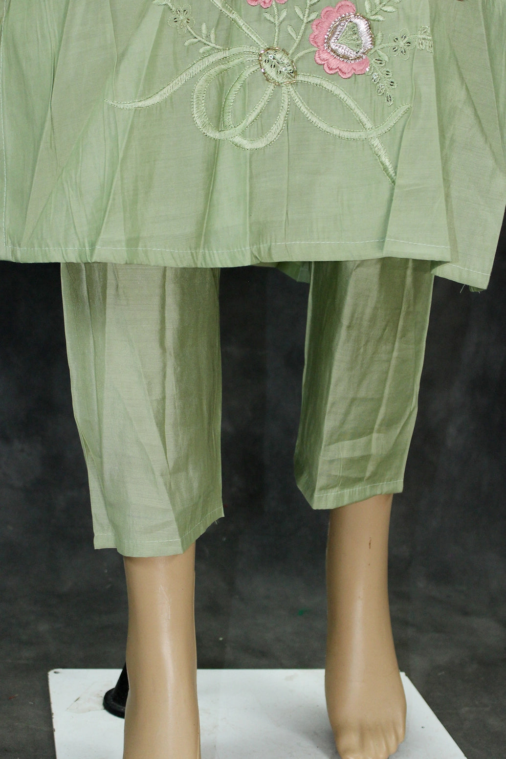 Light Green Roman Silk Kurti Pant Set with Embroidered Handwork Chinon Dupatta for Women