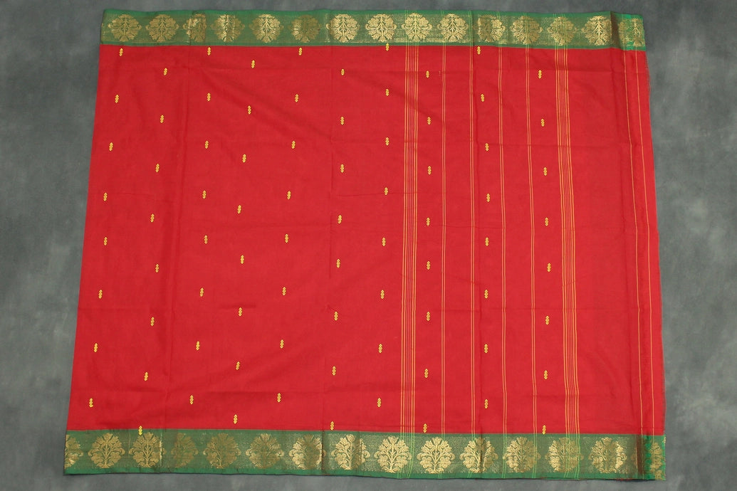 Red Poly Cotton Saree with Green Zari Floral Border and Gold Butta Motifs Saree JCS Fashions