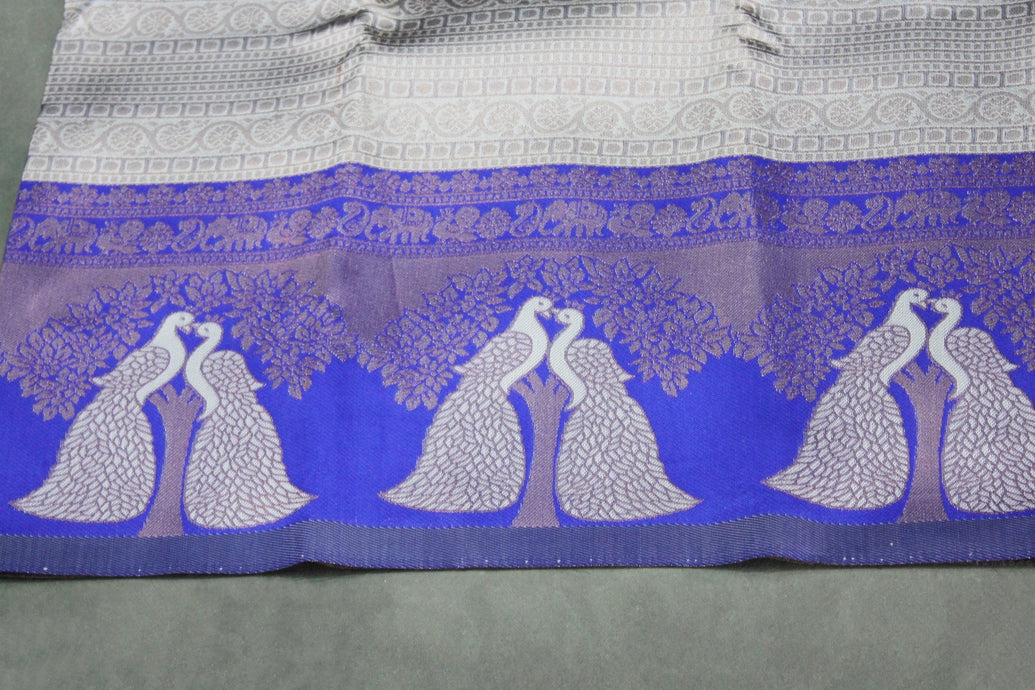 Kubera Pattu Saree with Peacock Border and Blouse, Light Grey Semi Silk