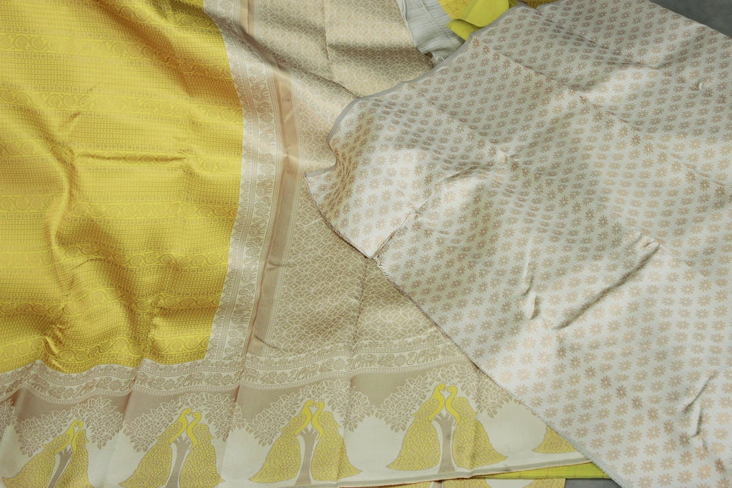 Mustard Yellow Kubera Silk Saree with Peacock Border and Contrast Pattern, Semi Silk Saree with Blouse