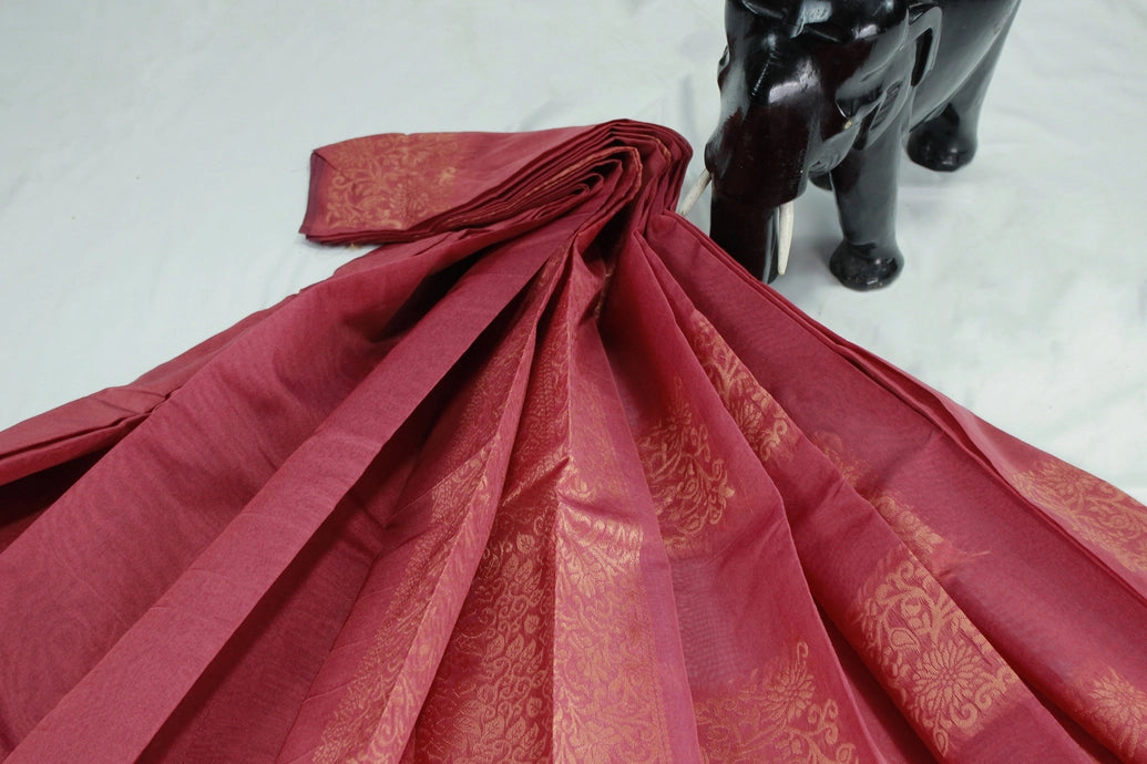 Brown Silk Cotton Saree with Zari Border, Borderless Design and Blouse Piece for Festive Wear