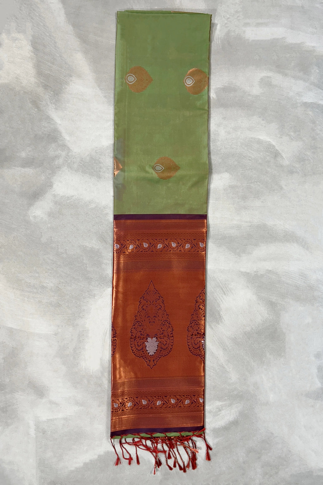 Pista Green Korvai Soft Silk Saree with Gold Zari Buttas and Traditional Floral Border for Women