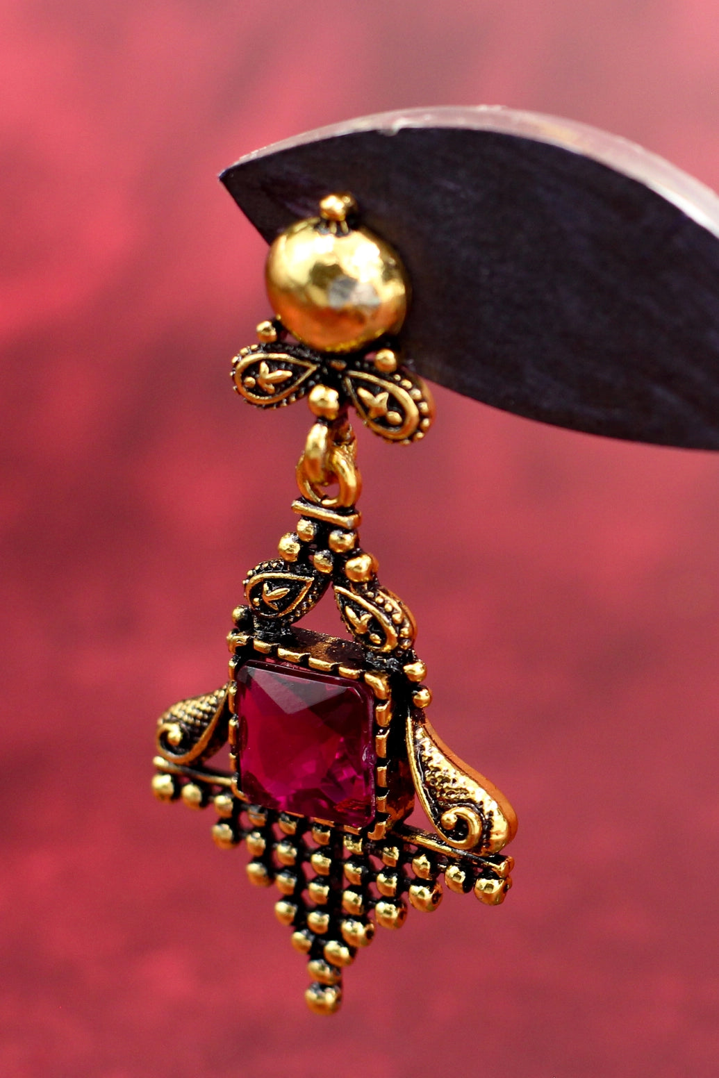 Antique-Gold Dangling Earrings with Square Purple Stone — Ornate Traditional Frame (2.4 inch) Jewelry JCS Fashions