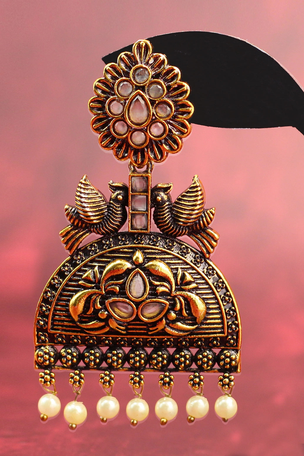 Antique Gold-Tone Grey Stone Jhumka Earrings with Pearl Drops - 3 Inch Ethnic Fashion Jewellery Jewelry JCS Fashions