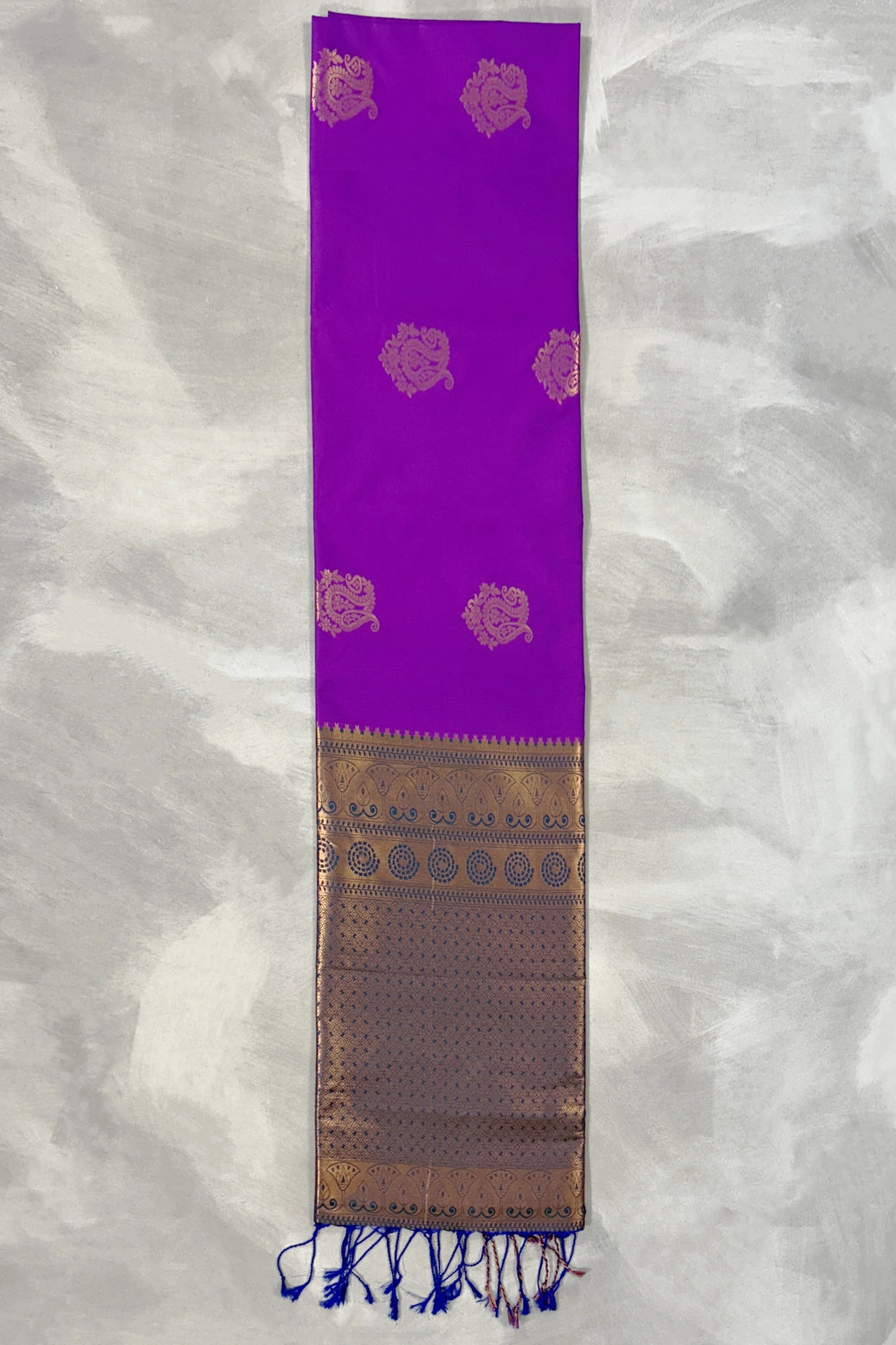 Purple Korvai Soft Silk Saree with Delicate Gold Zari Buttas and Floral Border Blouse