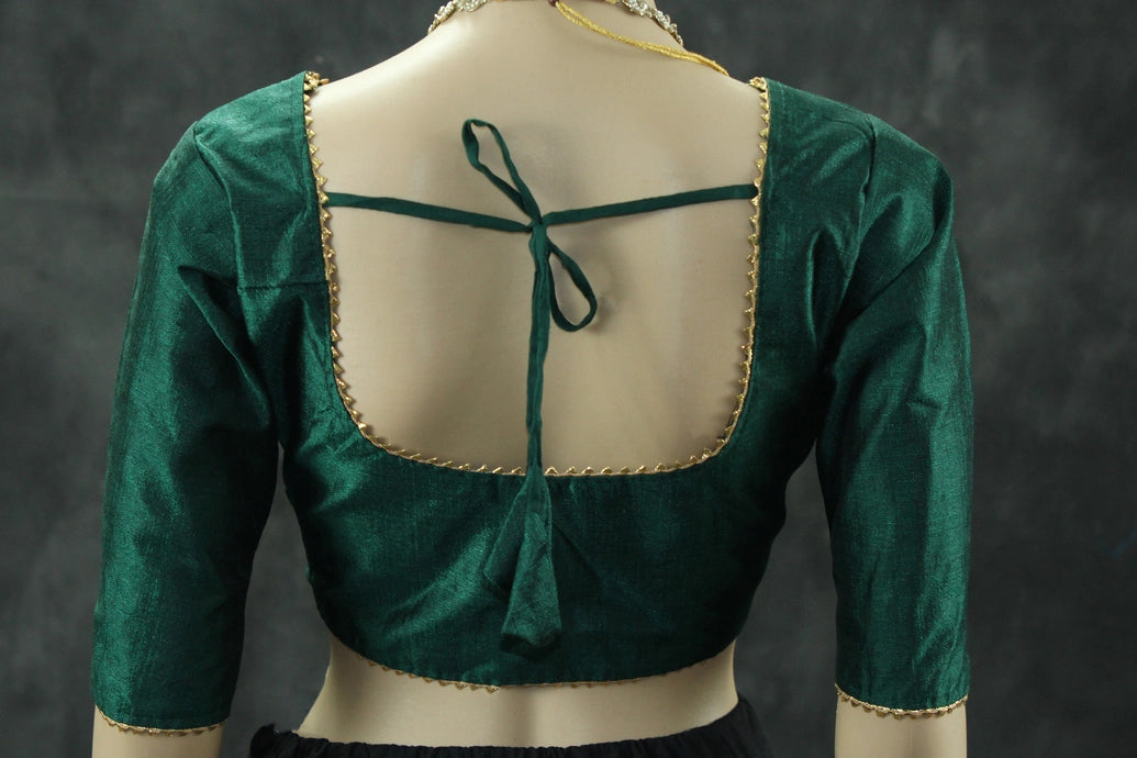 Readymade Designer Green Raw Silk Padded Blouse, Elbow Sleeves, Back Knot, Fully Stitched Blouse JCS Fashions