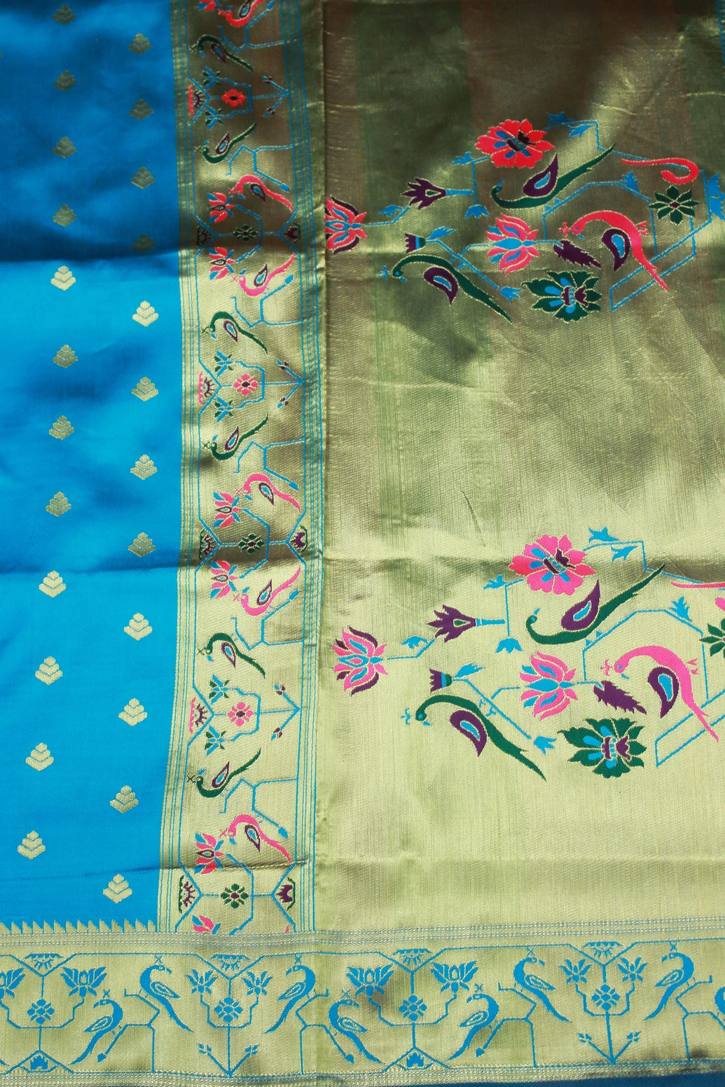 Blue Paithani Pure Silk Saree with Zari Woven Peacock Pallu and Contrast Design Border