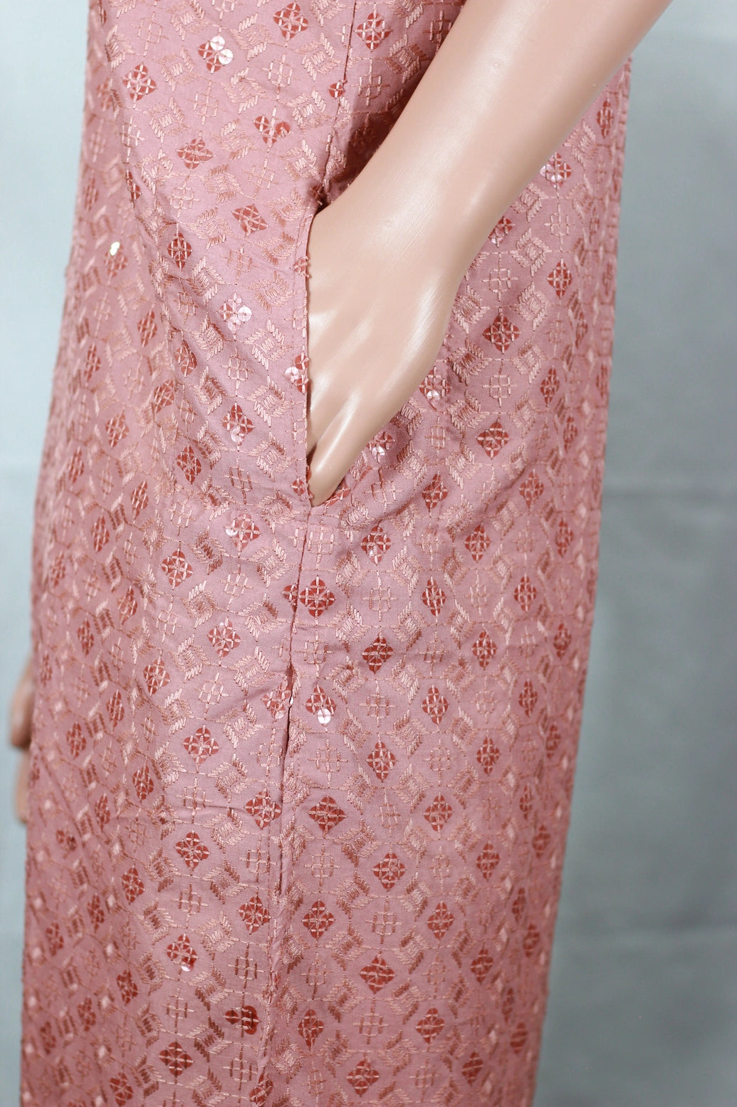 Men Onion Pink Lakhnavi Kurta with Jacquard Pattern, Band Collar & Button Placket