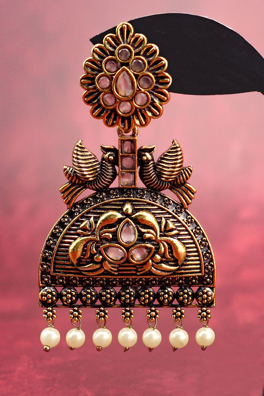 Antique Gold-Tone Jhumka Earrings with Light Onion Pink Stones and Pearls - Floral Stud with Bird & Lotus Motifs, 3 inch Jewelry JCS Fashions