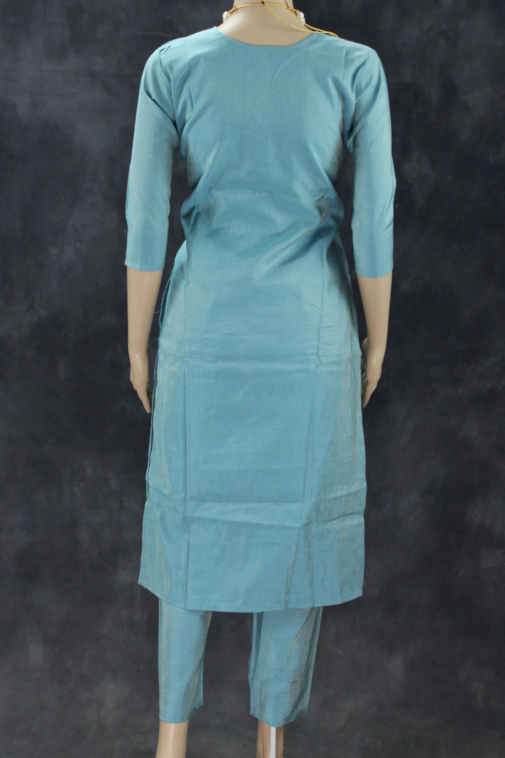 Pastel Blue Shimmer 3-Piece Salwar Suit with Aari & Pearl Embroidery, Organza Sequin and Printed Dupatta Kurti JCS Fashions