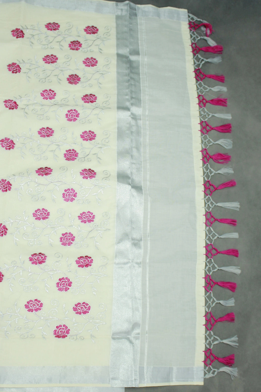 Half White Kerala Cotton Saree With Silver Zari Floral Embroidery and Thread Work