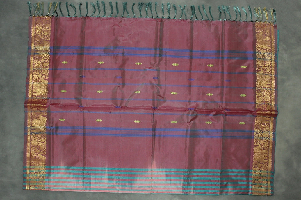 Teal and Maroon Vaazhai Naar Saree with Zari Border and Small Buttas