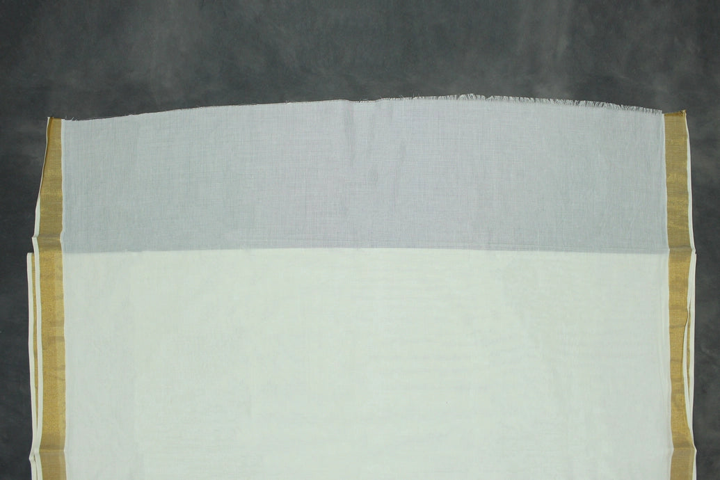 Kerala Cotton White Saree with Gold Zari Peacock Embroidery and Blouse Piece