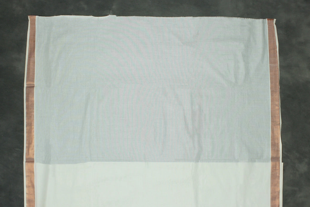 Pure Kerala Cotton Saree with Copper Zari Peacock & Leaf Embroidery, White Body with Traditional Border