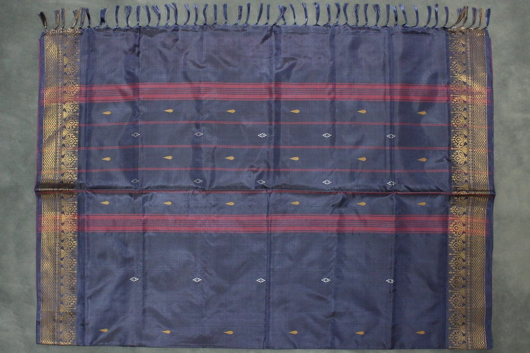 Navy Blue Vaazhai Naar (Banana Pith) Saree with Traditional Zari Border and Blouse