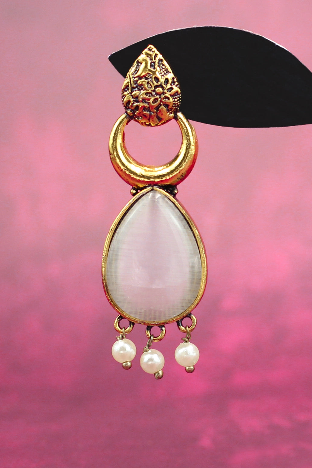 Traditional Gold-Tone Grey Teardrop Ethnic Dangle Earrings with Three Pearl Drops - Fashion Jewellery Jewelry JCS Fashions