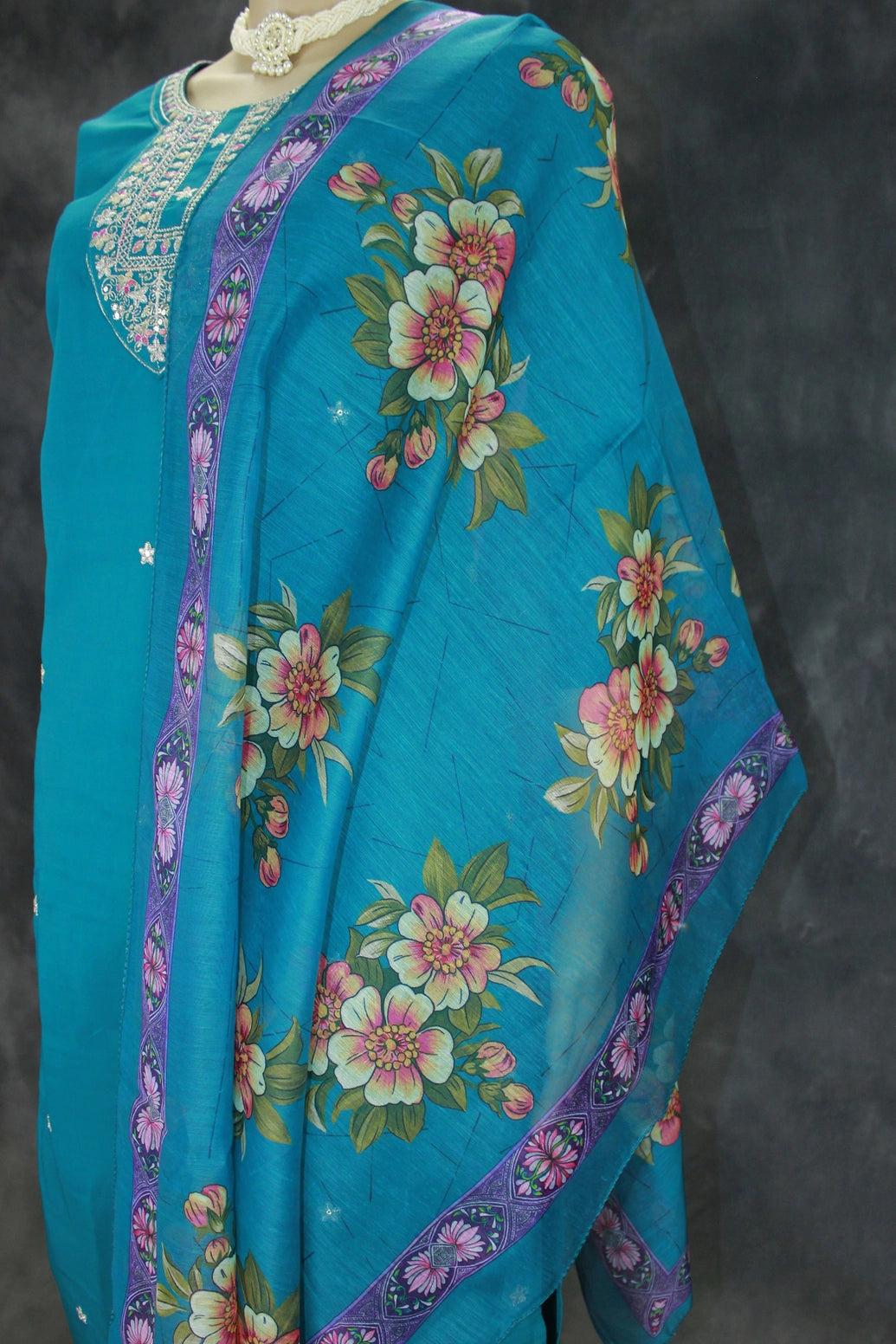 Elegant Teal Roman Silk 3 Piece Set with Digital Dupatta