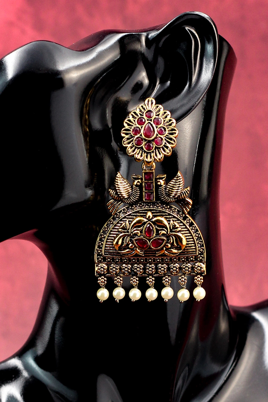 Red Stone Antique Gold Jhumka Earrings with Pearl Drops - 3 Inch Traditional Indian Fashion Jewellery Jewelry JCS Fashions
