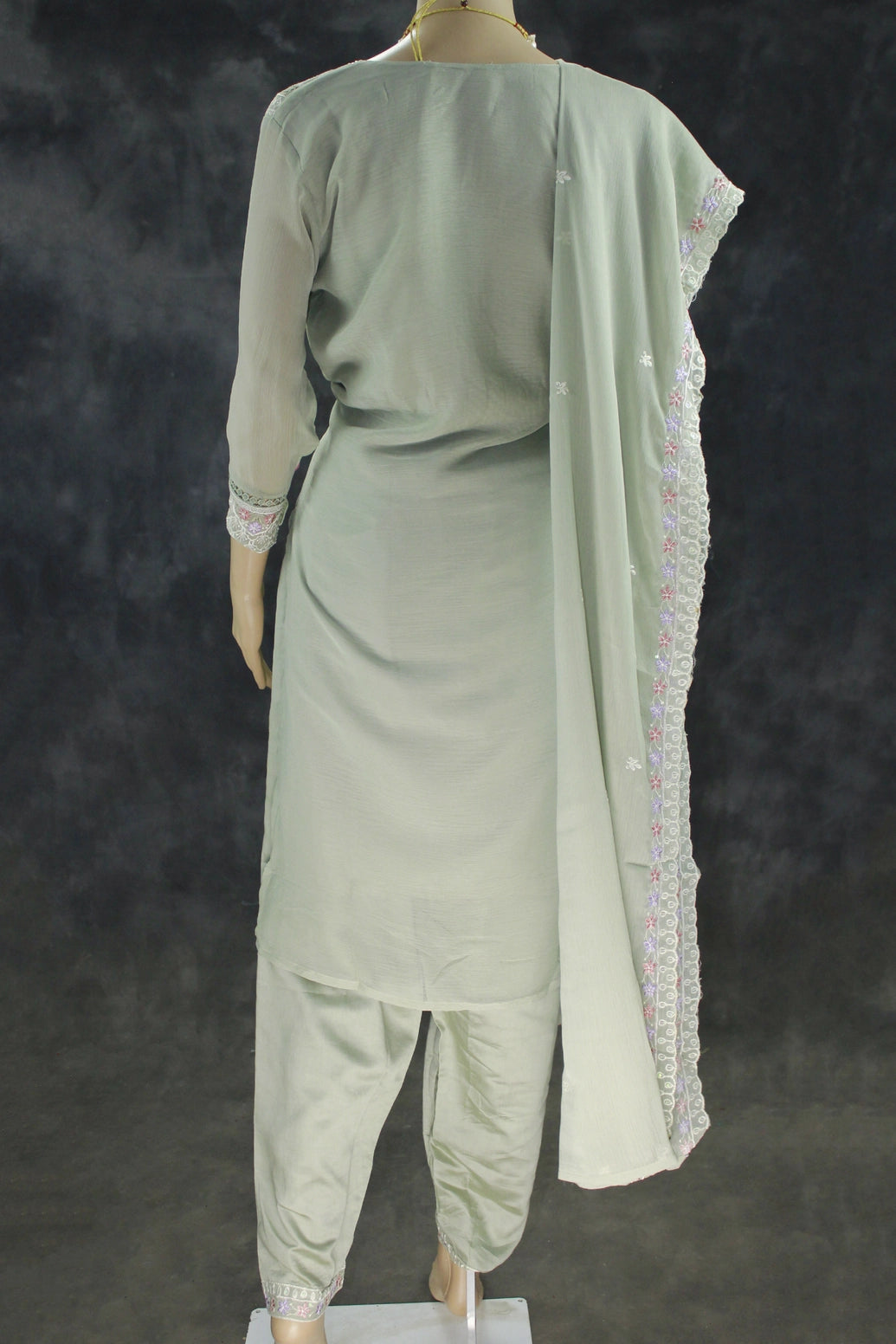Pastel Green 3-Piece Chiffon Kurti Set with Stone Work, Elastic Pant & Embroidered Dupatta for Women