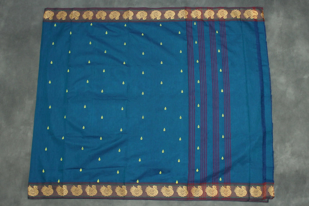 Rama Blue Poly Cotton Butta Saree with Gold-Colour Swan Thread Border - Traditional Indian Saree Saree JCS Fashions