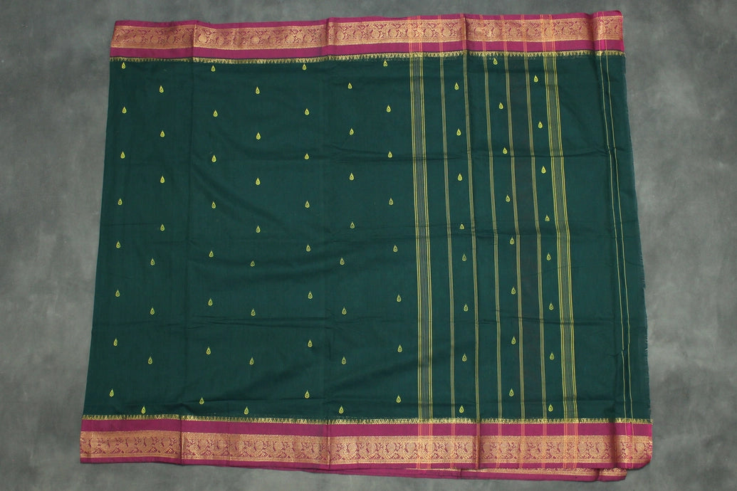 Dark Green Poly Cotton Butta Saree with Maroon Zari Border Saree JCS Fashions