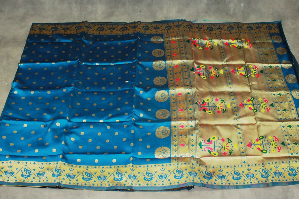 Peacock Blue Paithani Pure Silk Saree with Zari Woven Peacock Pallu and Design Border