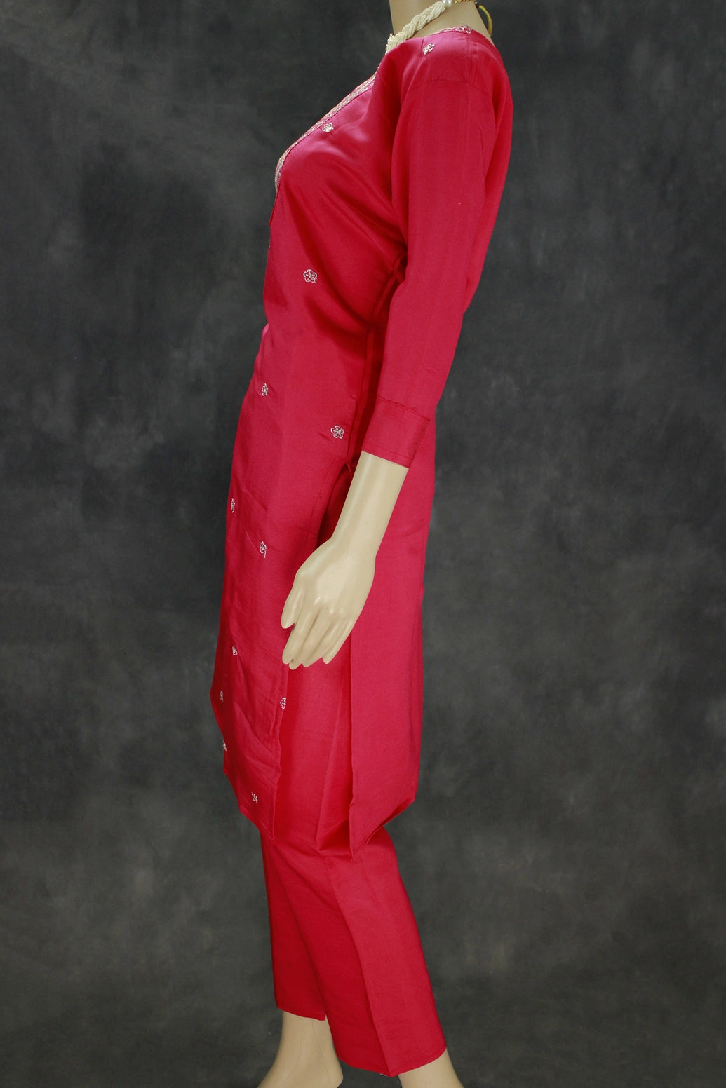 Beautiful Dark Pink Roman Silk 3 Piece Set with Embroidery