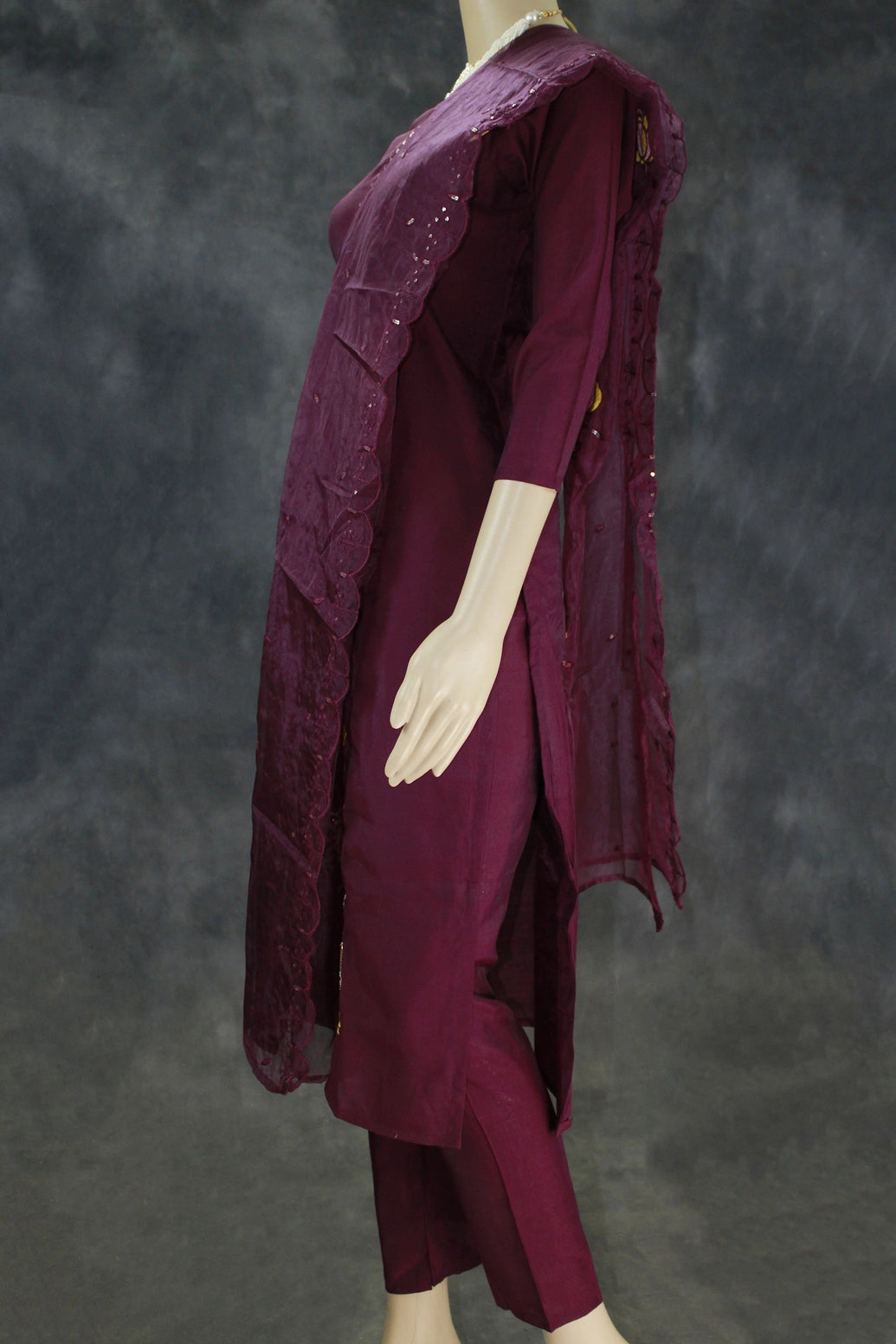 Dark Purple Roman Silk 3-Piece Kurti Set with Embroidered Neck, Elastic Pant & Chiffon Dupatta