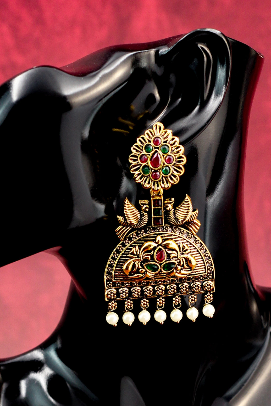 Antique Gold-Tone Jhumka Earrings with Green and Red Stones, Floral Stud & Pearl Drops - 3 inch Jewelry JCS Fashions