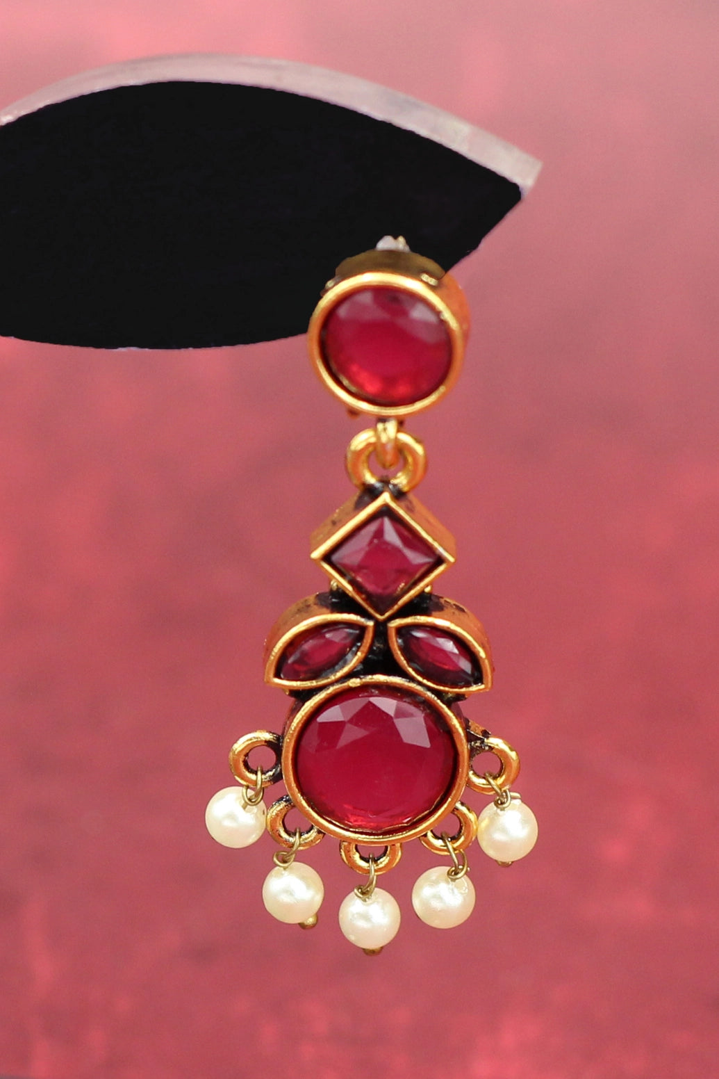 Maroon Gold-Tone Kundan-Style Pearl Drop Earrings Jewelry JCS Fashions
