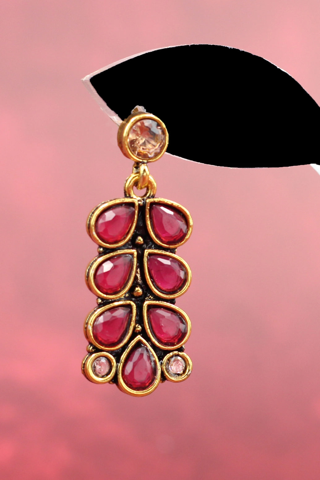 Maroon Teardrop Leaf Drop Earrings – Gold-Tone Antique Finish Fashion Jewellery for Ethnic Wear Jewelry JCS Fashions