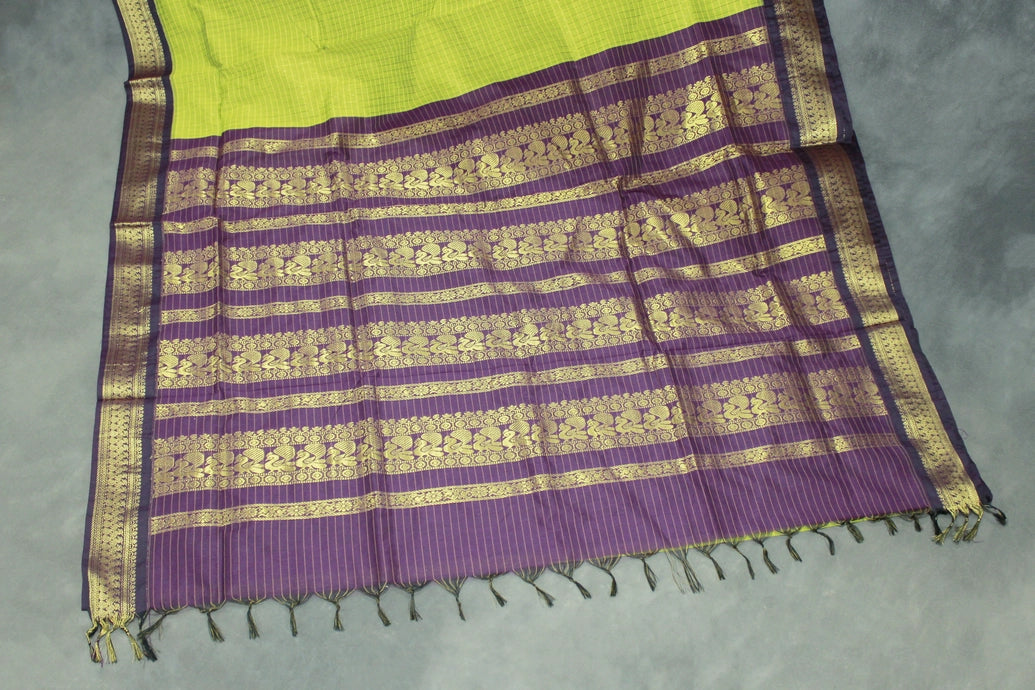 Green Kalyani Cotton Saree with Zari Checked & Peacock Border, Comes with Blouse