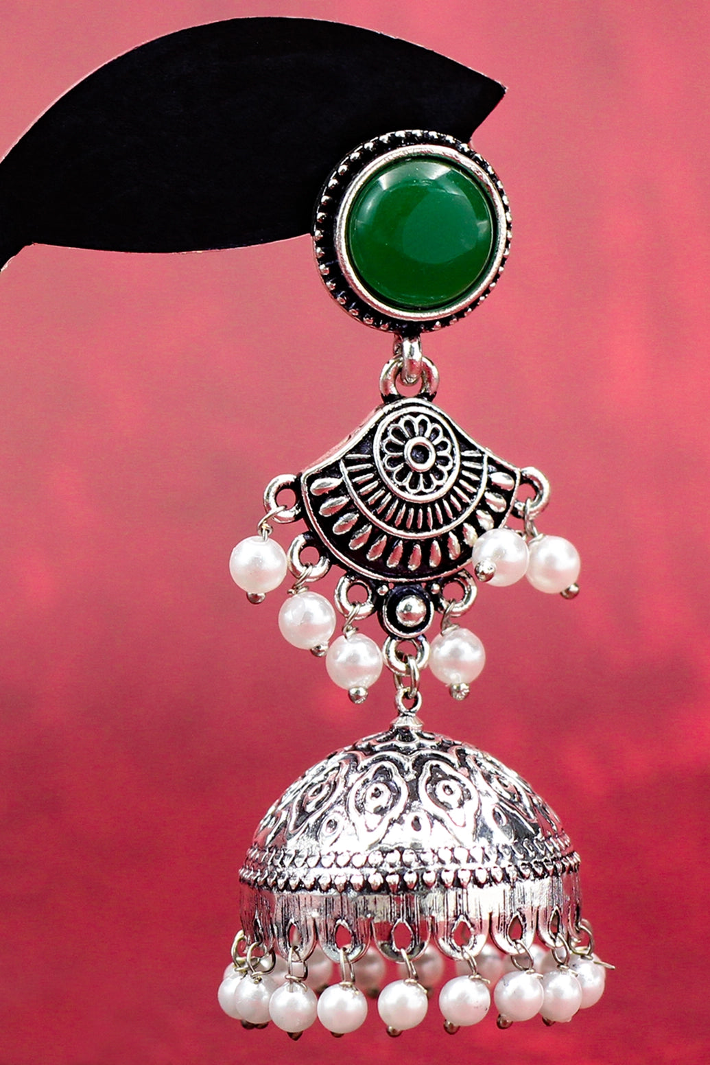Oxidised Silver-Tone Green Stone Pearl Jhumka Earrings - Long Ethnic Stud Jhumki, 2.8 inch Jewelry JCS Fashions