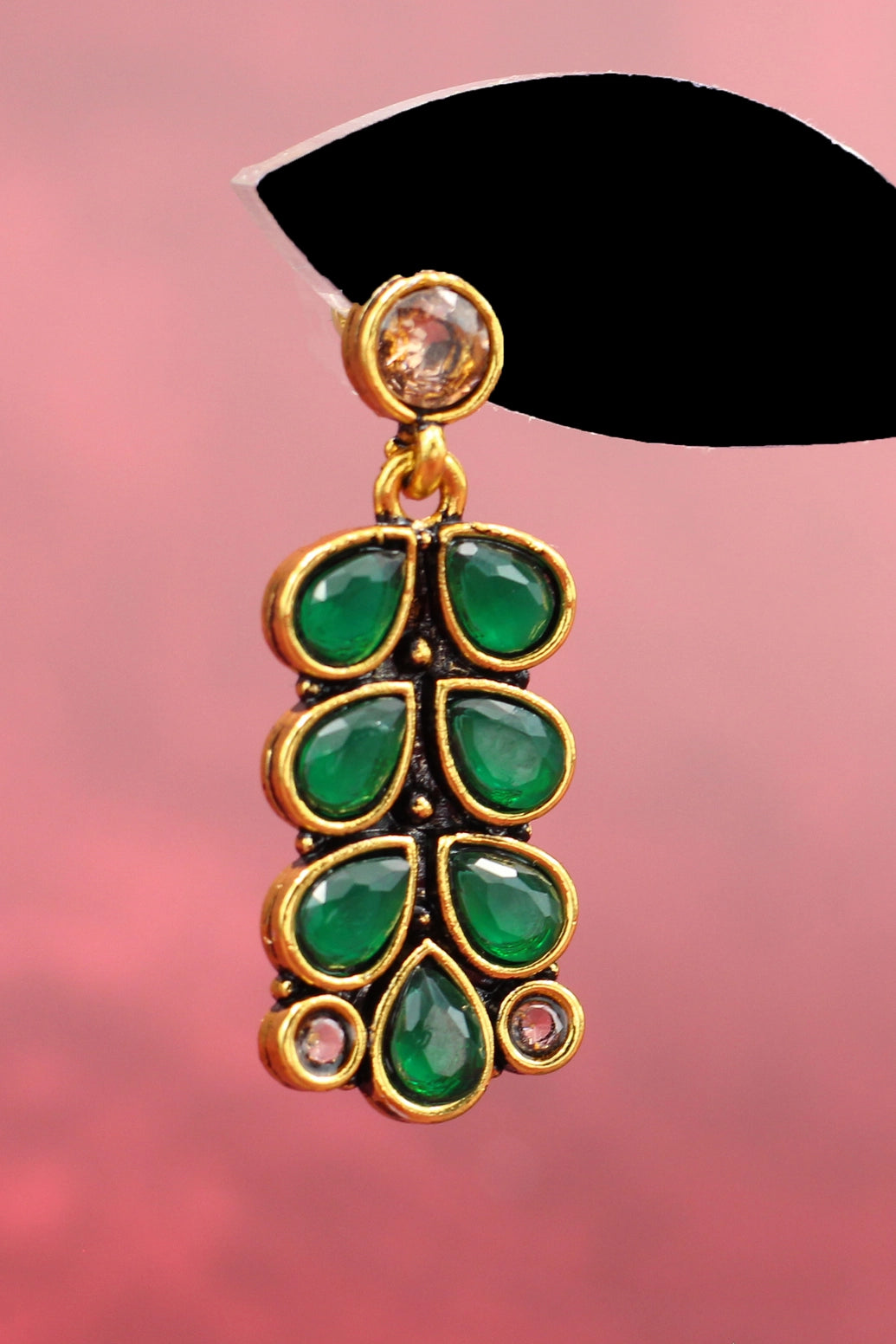 Antique Gold-Tone Green Teardrop Leaf Earrings — Traditional Ethnic Festive Fashion Jewellery Jewelry JCS Fashions