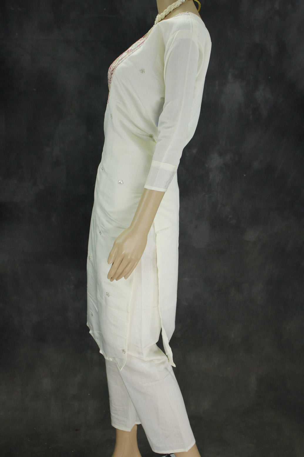 White Roman Silk Kurti with Pant & Organza Digital Dupatta - Zari Sequence Neck Design, 3-Piece Set
