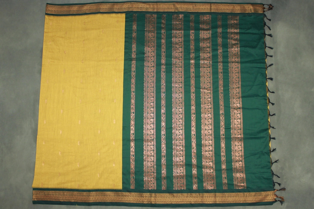 Mustard Kalyani Cotton Saree with Putta Design and Zari Border, Comes with Blouse