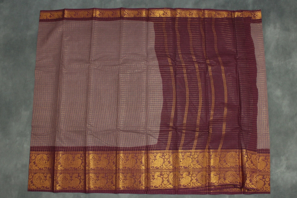 Chocolate Brown Sungudi Cotton Saree with Checked Body and Rich Peacock Gold Zari Double Border - Traditional Festive Wear