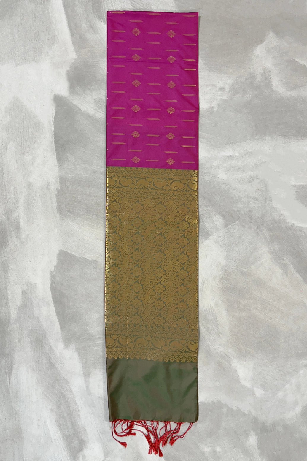 Rani Pink Korvai Soft Silk Border Saree with Gold Zari Buttas and Traditional Floral Border