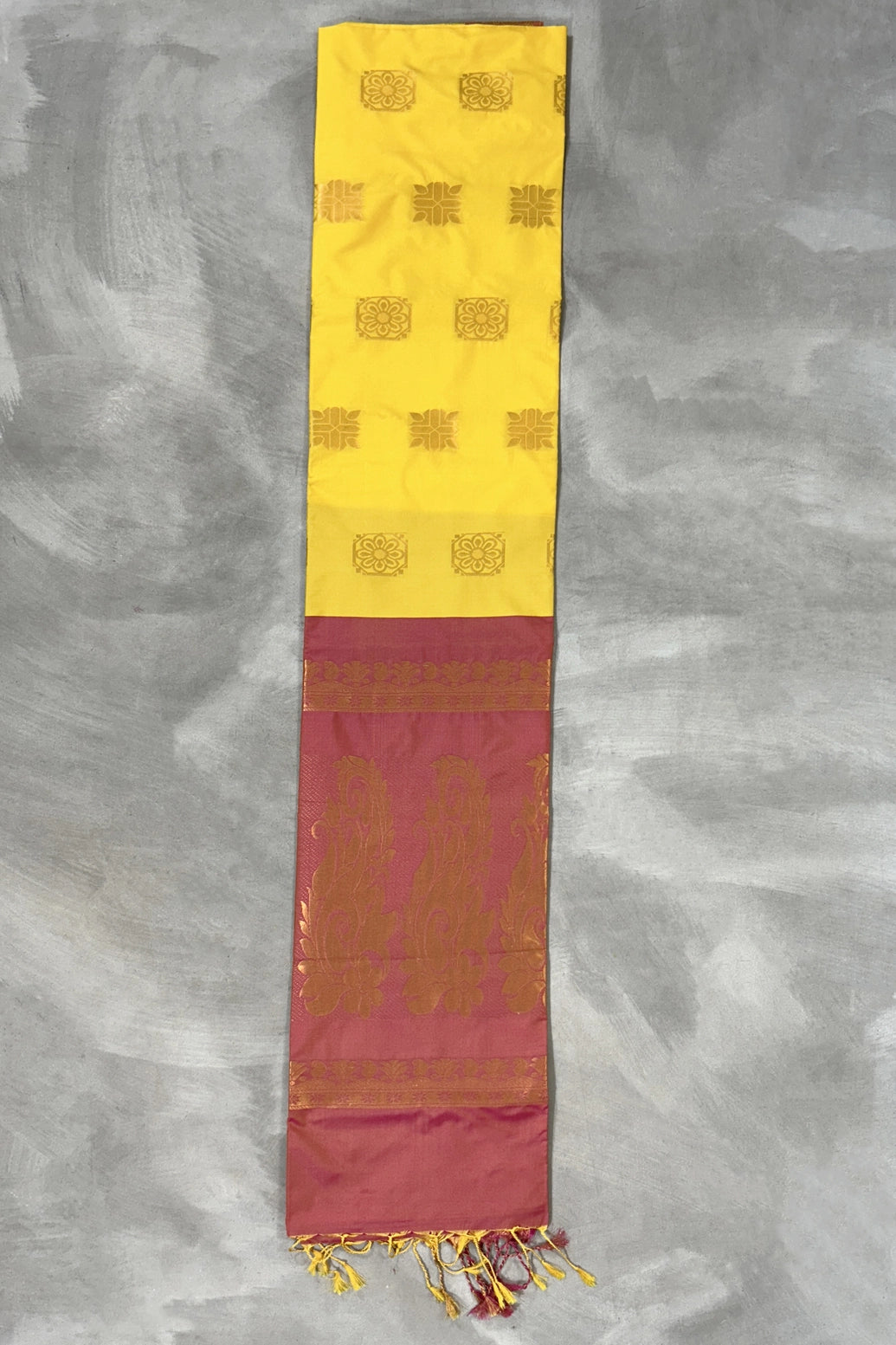 Yellow Korvai Soft Silk Border Saree with Gold Zari Buttas & Traditional Floral Border, with Blouse