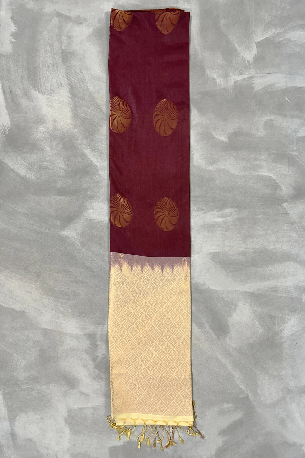 Maroon Korvai Soft Silk Border Saree with Delicate Gold Zari Buttas and Traditional Floral Border