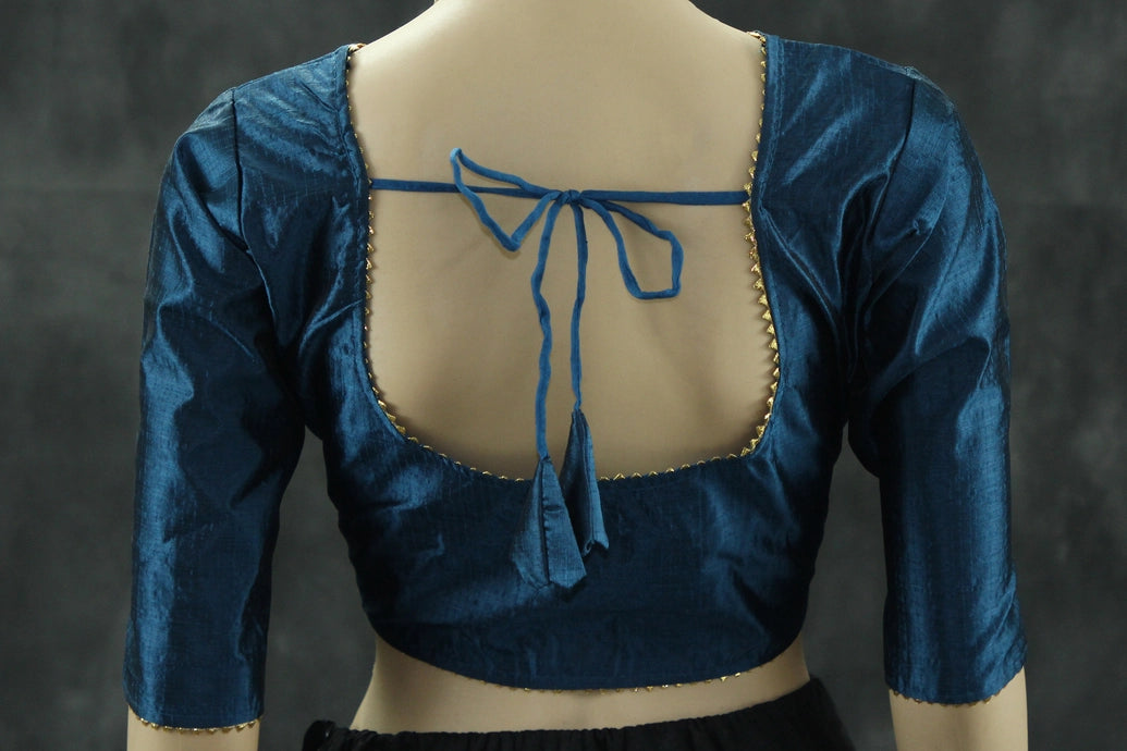 Readymade Navy Blue Raw Silk Padded Designer Blouse with Elbow Sleeves and Back Knot Blouse JCS Fashions