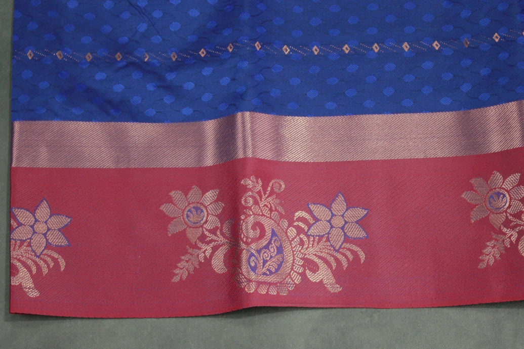 Navy Blue Emboss Silk Saree with Floral Design Satin Border and Blouse Piece