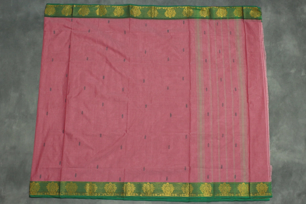 Onion Pink Poly Cotton Saree with Green Zari Border and Butta Motifs Saree JCS Fashions
