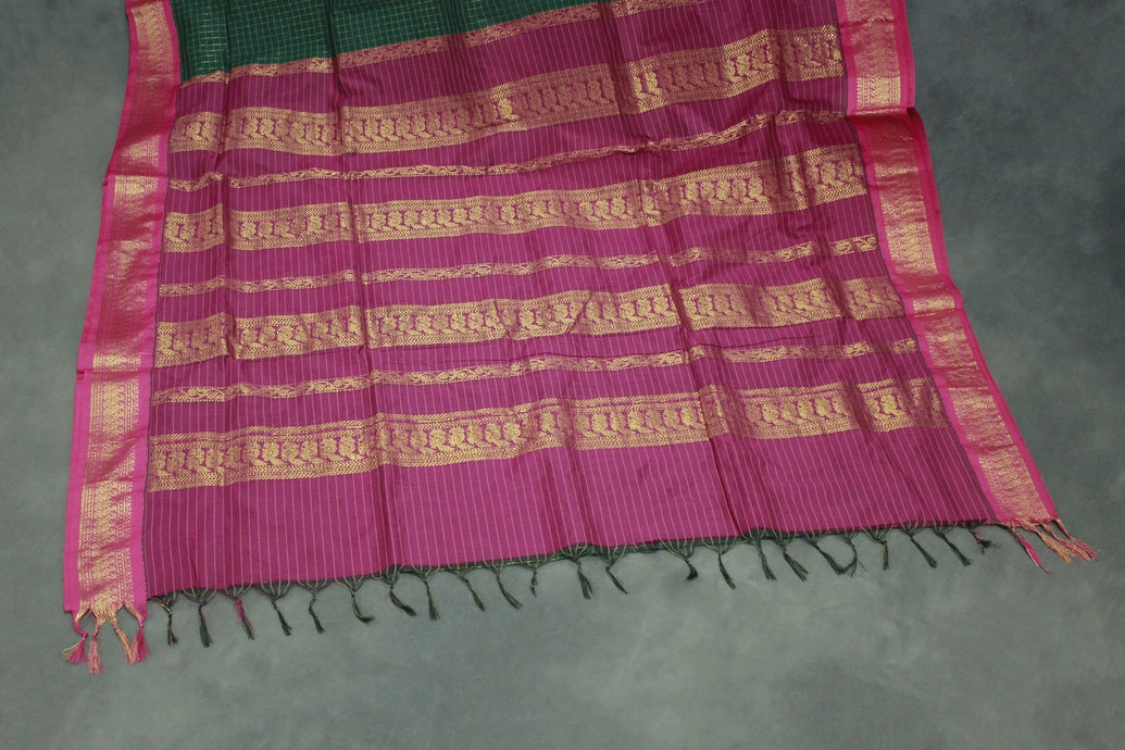 Dark Green Kalyani Cotton Saree with Zari Checked and Peacock Border and Blouse