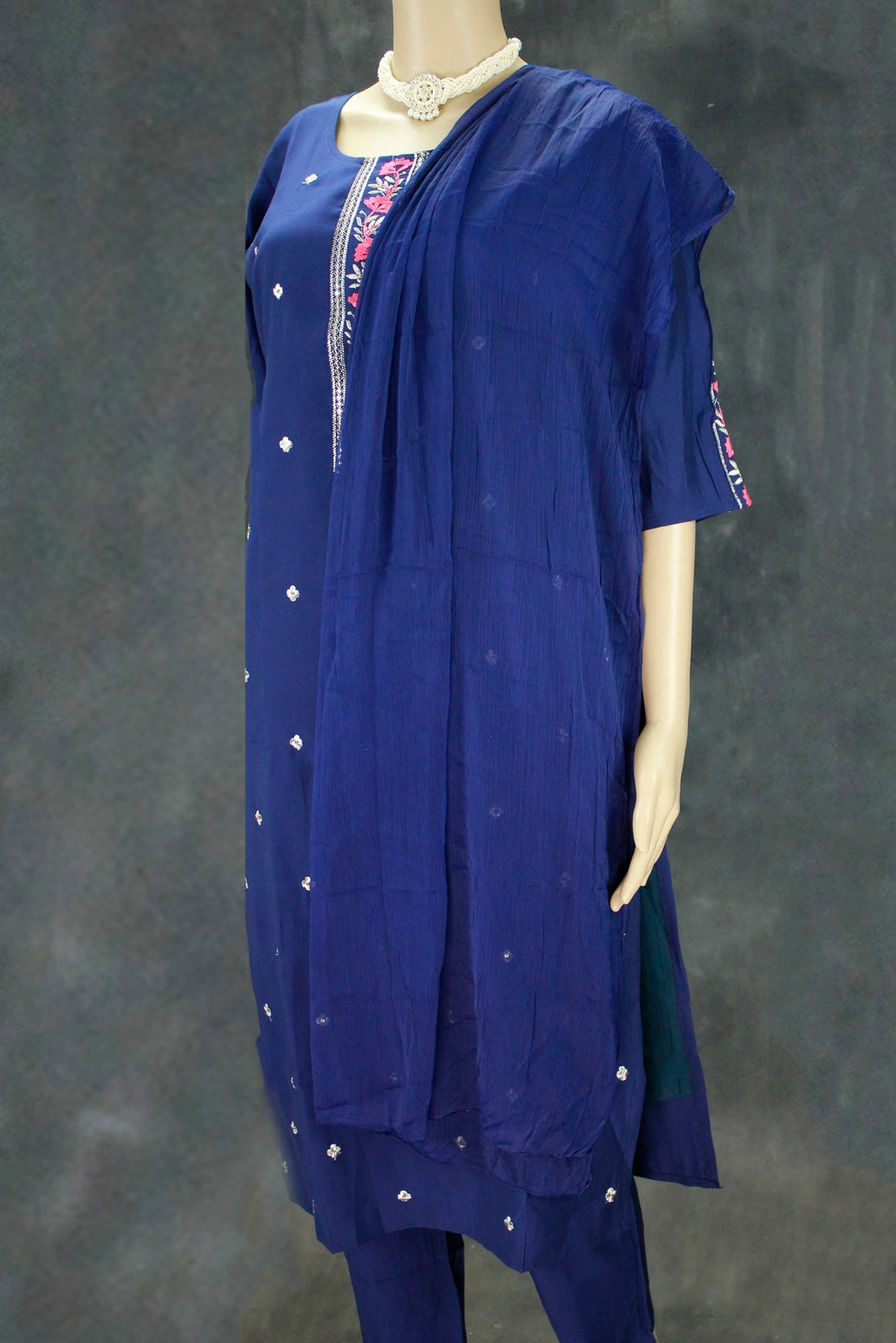Navy Blue Cotton 3-Piece Kurti Set with Embroidered Sequin Work, Elastic Pant & Chiffon Dupatta