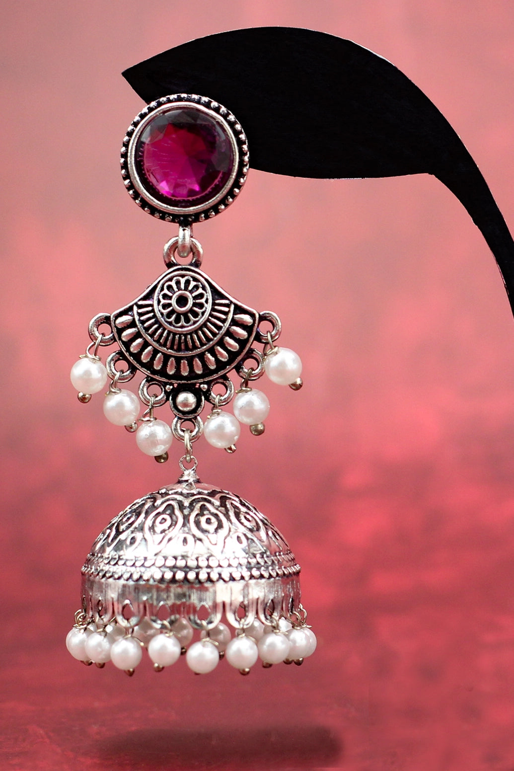Oxidised Silver-Style Purple Stone Jhumka Earrings with Pearls - 2.8 inch Ethnic Stud Jewelry JCS Fashions