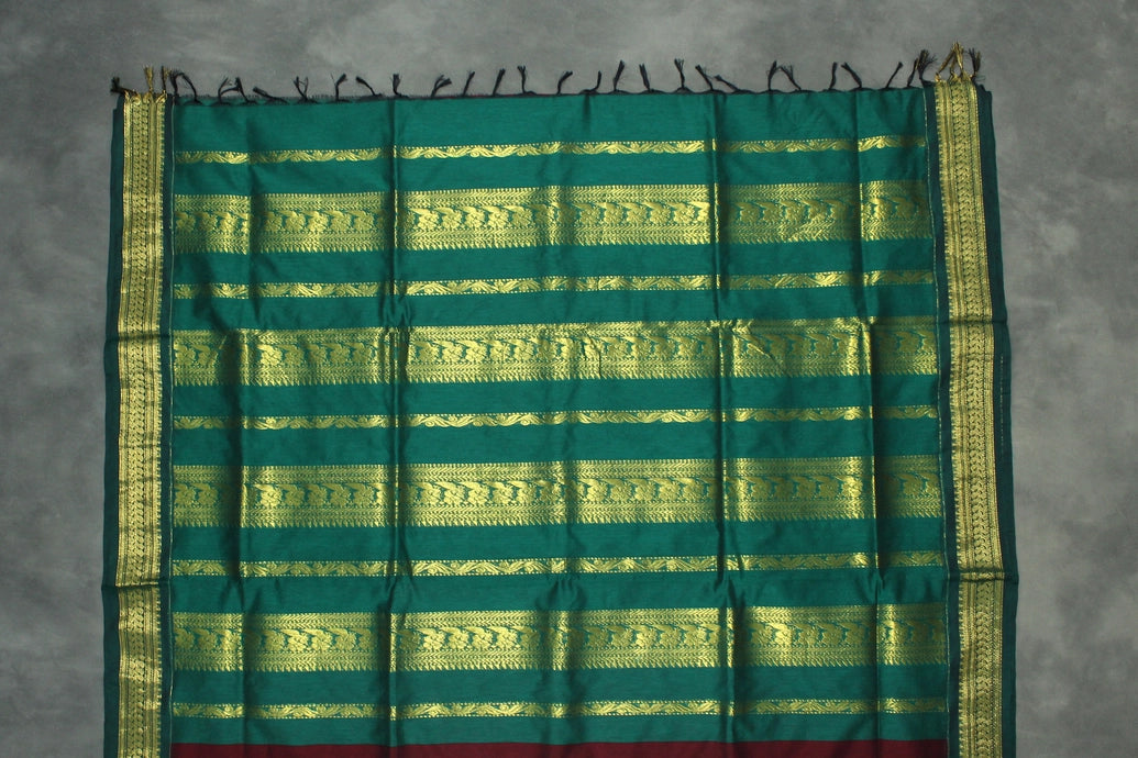 Maroon and Green Silk Cotton Saree with Thick Zari Border and Grand Pallu Saree JCS Fashions