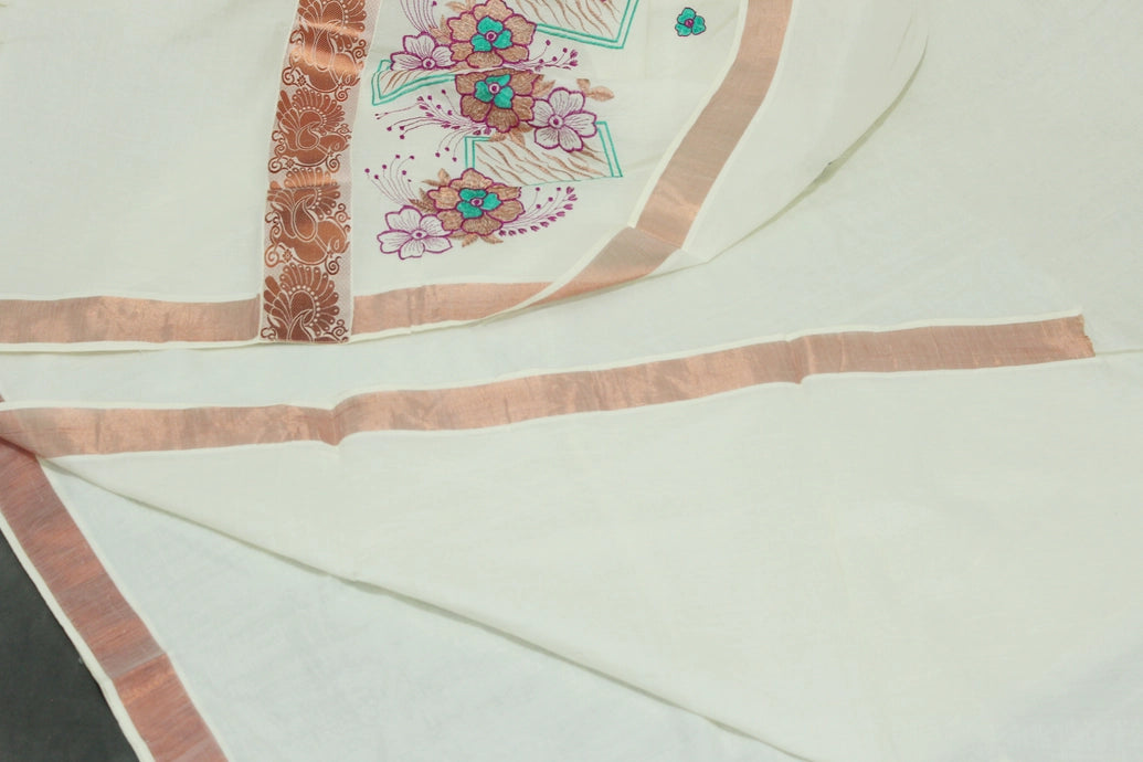 Pure Kerala Cotton White Saree with Copper Zari Floral & Peacock Embroidery