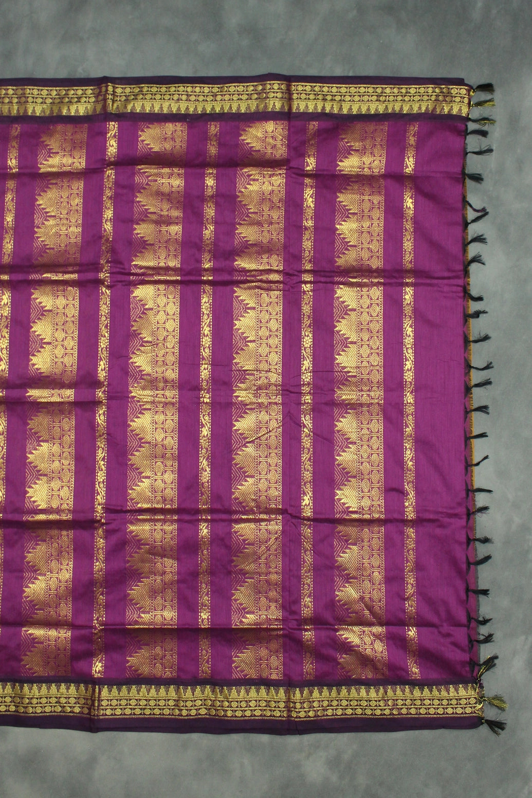 Silk Cotton Dark Mustard Saree with Purple Grand Pallu and Thick Zari Border Saree JCS Fashions