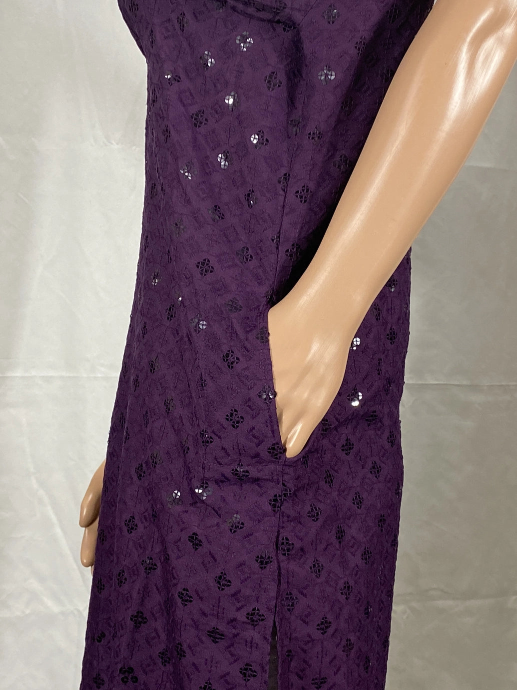 Men Purple Lakhnavi Kurta with All-Over Motif and Stand Collar for Festive Wear